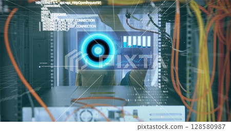 Image of data processing over caucasian female engineer connecting computer wires 128580987