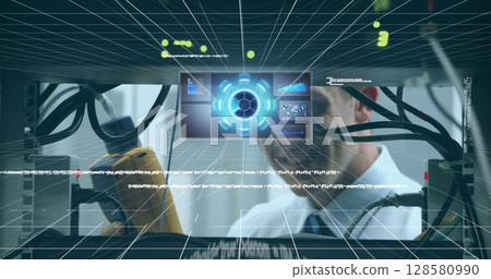 Image of data processing over hands of caucasian male engineer checking wires 128580990