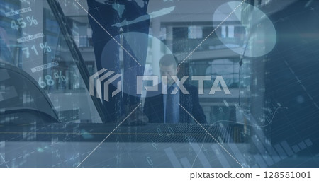 Image of financial data processing over diverse business people in office Image of financial data processing over diverse business people in office 128581001
