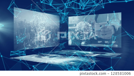 Image of network of connections and data processing over blue background Image of network of connections and data processing over blue background 128581006