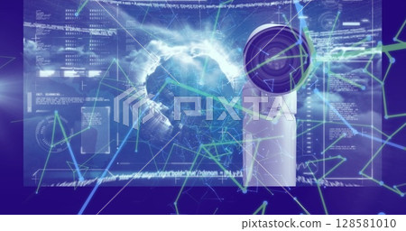 Image of network of connections and data processing over blue background 128581010