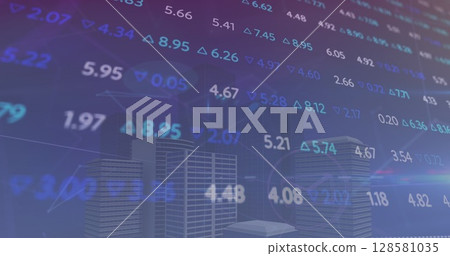 Image of data processing and city on blue background 128581035