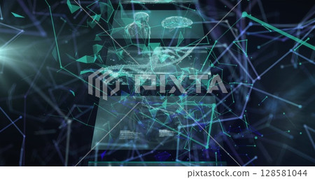 Image of data processing over network of connections on black background 128581044