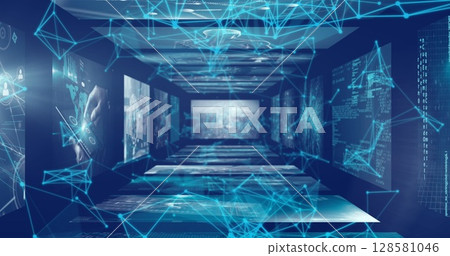 Image of network of connections over data processing on black background Image of network of connections over data processing on black background 128581046