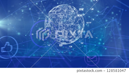 Image of network of connections over data processing on black background Image of network of connections over data processing on black background 128581047