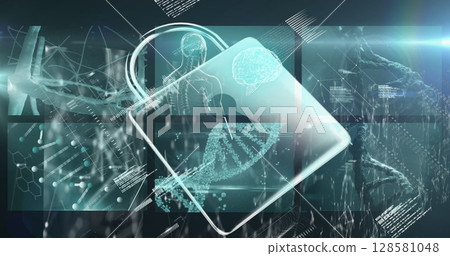 Image of padlock icon over data processing on black background 128581048