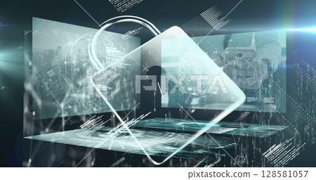 Image of padlock icon over data processing on black background 128581057