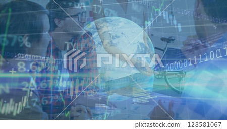 Image of financial data processing and globe over diverse business people in office Image of financial data processing and globe over diverse business people in office 128581067