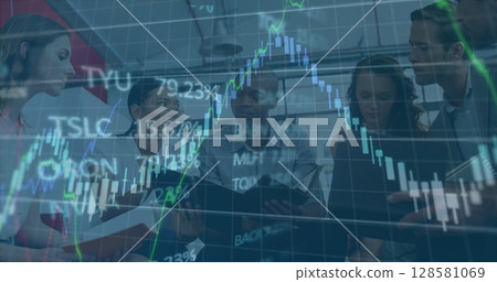 Image of financial data processing and stock market over diverse business people in office 128581069