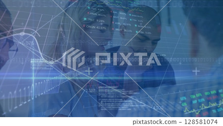 Image of financial data processing and stock market over diverse business people in office 128581074