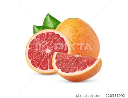 Pink grapefruit and cut in a half and a slice with leaves isolated. Isolated pink grapefruits. 128581092