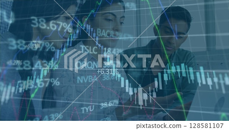 Image of financial data processing over businesses people Image of financial data processing over businesses people 128581107
