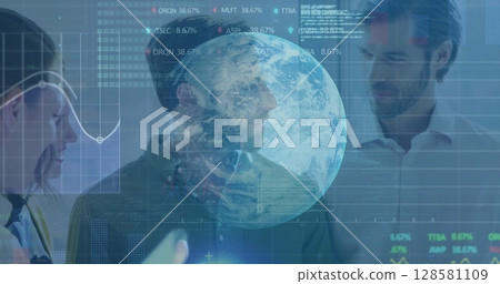 Image of binary coding data processing and globe over diverse businessmen Image of binary coding data processing and globe over diverse businessmen 128581109