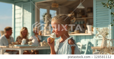 A happy child savors an ice cream cone on a sunny day at a charming beachfront cafe, with family enjoying their time in the background, capturing the essence of summer fun and relaxation 128581112