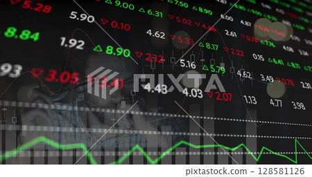 Image of financial data processing and stock market over caucasian man 128581126