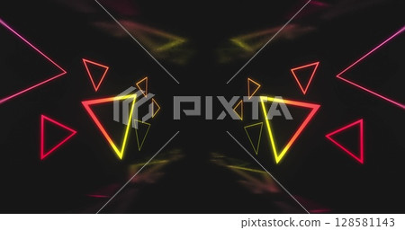 Image of multicoloured neon light triangles flickering on black background 128581143