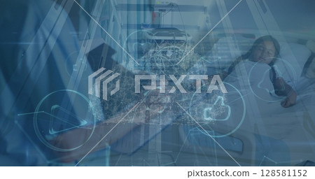 Image of network of connections and cloud icon over diverse doctor and patient 128581152