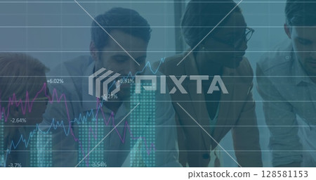 Image of financial data processing over diverse business people Image of financial data processing over diverse business people 128581153