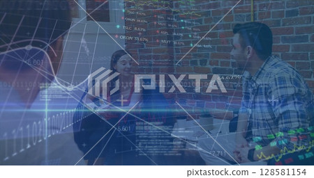 Image of financial data processing and stock market over diverse business people 128581154