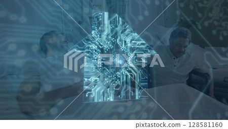 Image of house with computer circuit board over diverse patients 128581160