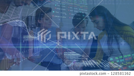 Image of financial data processing and stock market over diverse business people 128581162