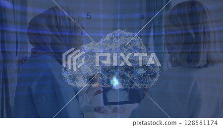 Image of data processing and cloud over diverse doctors 128581174
