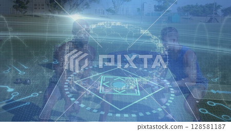 Image of data processing over diverse sportsmen exercising 128581187