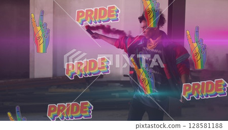 Image of pride and rainbow hands over african american male protester with smoke 128581188