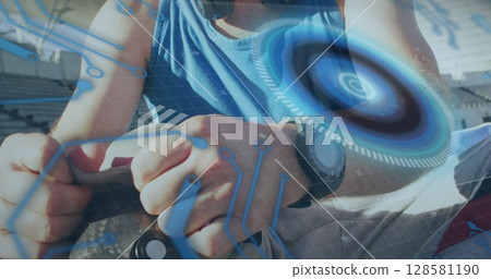 Image of data processing over disabled caucasian sportsman Image of data processing over disabled caucasian sportsman 128581190