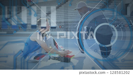 Image of data processing over disabled caucasian sportsman with coach Image of data processing over disabled caucasian sportsman with coach 128581202