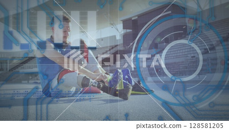 Image of data processing over disabled caucasian sportsman 128581205