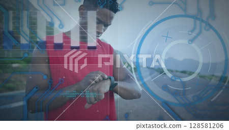 Image of data processing over african american male runner with smartwatch Image of data processing over african american male runner with smartwatch 128581206