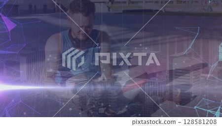 Image of data processing over disabled caucasian sportsman Image of data processing over disabled caucasian sportsman 128581208
