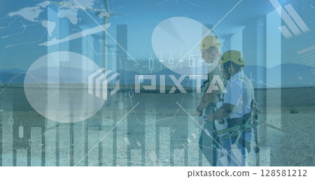 Image of data financial processing over windmill and workers 128581212
