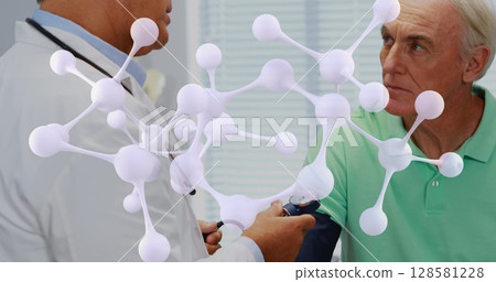 Image of molecules over caucasian senior doctor and patient 128581228