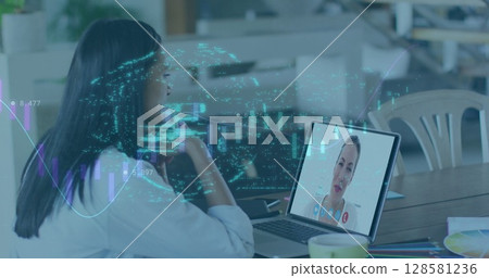 Image of online security padlock over caucasian businesswoman on laptop image call 128581236