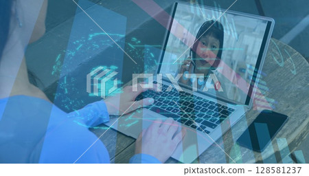 Image of online security padlock over caucasian businesswoman on laptop image call 128581237