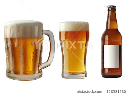 白色背景的杯子、玻璃杯和啤酒瓶 白色背景的杯子、玻璃杯和啤酒瓶 128581380