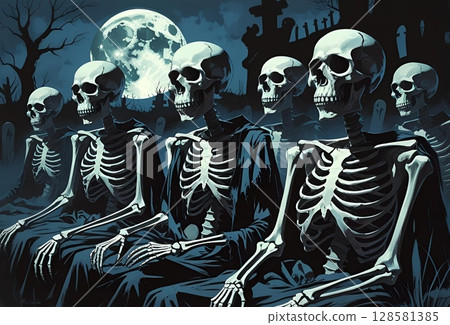 Illustration of a group of skeletons sitting together in a graveyard on a moonlit night 128581385