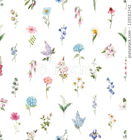 Watercolor wildflower seamless pattern hand-painted botanical elements scattered on white. Perfect for fabric, wallpaper, and vintage floral projects. Watercolor wildflower seamless pattern hand-painted botanical elements scattered on white. Perfect for fabric, wallpaper, and vintage floral projects. 128581542