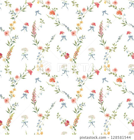 Seamless watercolor floral pattern with hand-painted wildflowers and leaves. Soft pink, yellow, and blue blossoms. Ideal for wallpaper, fabric, nursery decor, and spring-themed designs. 128581544
