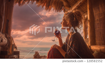 Escape to paradise. A woman unwinds with a glass of red wine, gazing at the beautiful sea from a rustic hut. Perfect for themes of relaxation, luxury travel, and tropical getaways 128581552
