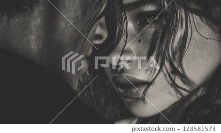 Tense black and white intimate view of a couple in love 128581573