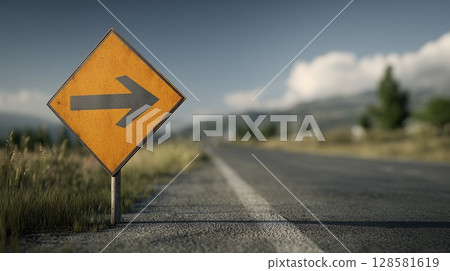 Winding road with yellow sign with direction arrow at dawn 128581619