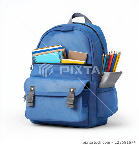 Blue backpack stands upright, showcasing its contents: an assortment of books and notebooks into the front pocket, colorful pencils. Concept of education, preparation, excitement of a new school year. 128581674