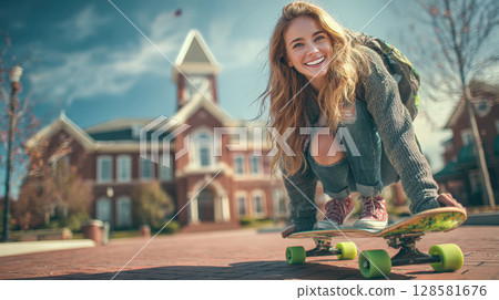 A vibrant young woman with a radiant smile enjoys a sunny day, balancing on her skateboard in an urban setting with a grand building in the background, embodying youthful freedom, an active lifestyle. 128581676