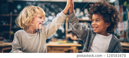 Two happy young boys in a classroom share a high-five, celebrating a moment of success or camaraderie, showcasing friendship and positive interaction in an educational setting 128581678