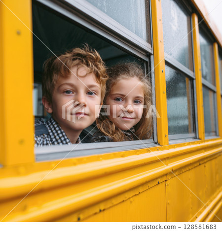 Two children, a boy and a girl, look out of a classic yellow school bus window on a rainy day, their faces reflecting curiosity and anticipation for school or a new adventure 128581683