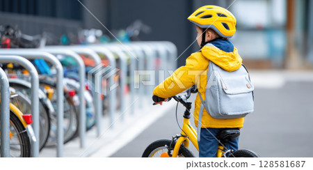 A young child in a bright yellow jacket and helmet, with a backpack, stands with their bicycle next to a row of bike racks, embodying readiness for an outdoor adventure and emphasizing safety A young child in a bright yellow jacket and helmet, with a backpack, stands with their bicycle next to a row of bike racks, embodying readiness for an outdoor adventure and emphasizing safety 128581687