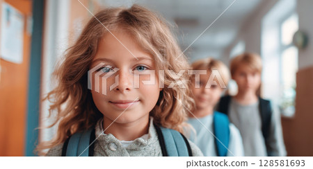 A sweet young girl with a backpack and bright blue eyes smiles softly at the camera in a school hallway, with other blurred students behind her, embodying readiness for education 128581693